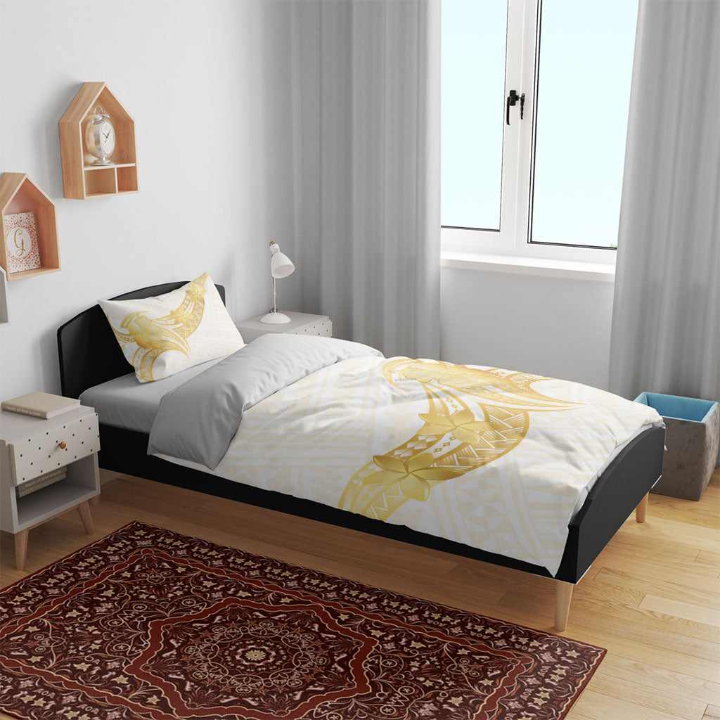 Polynesia White Sunday Bedding Set Polynesian Tattoo Plumeria Hibiscus Gold