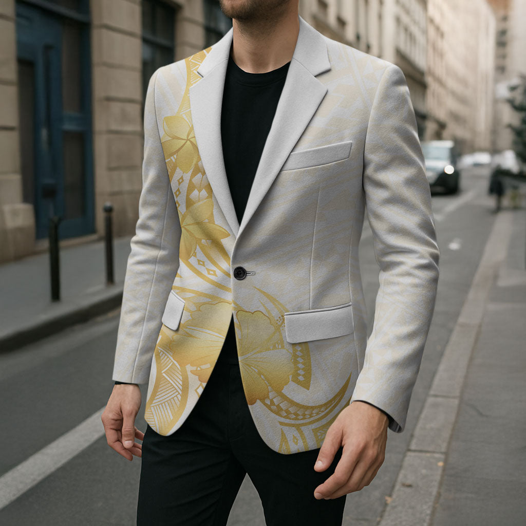 Polynesia White Sunday Blazer Polynesian Tattoo Plumeria Hibiscus Gold