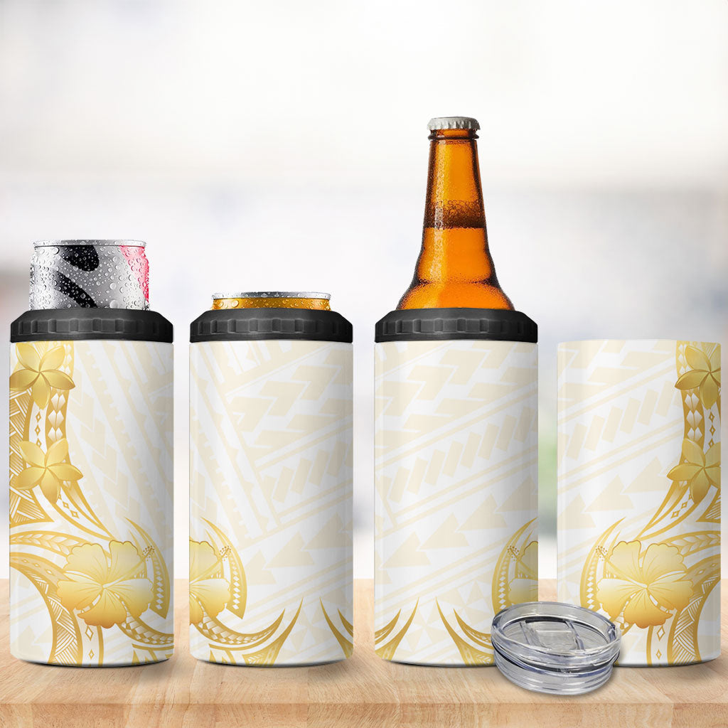 Polynesia White Sunday 4 in 1 Can Cooler Tumbler Polynesian Tattoo Plumeria Hibiscus Gold