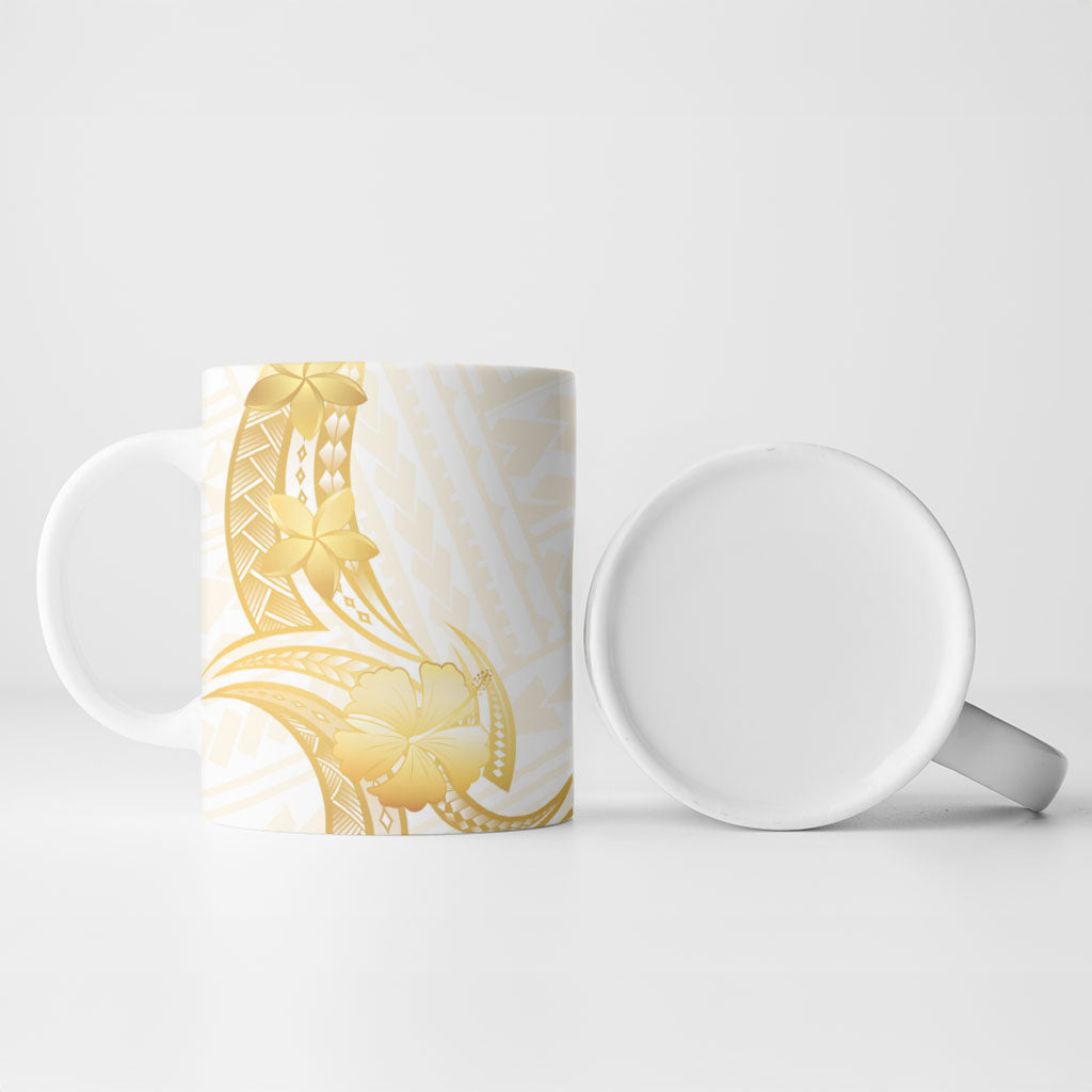 Polynesia White Sunday Ceramic Mug Polynesian Tattoo Plumeria Hibiscus Gold