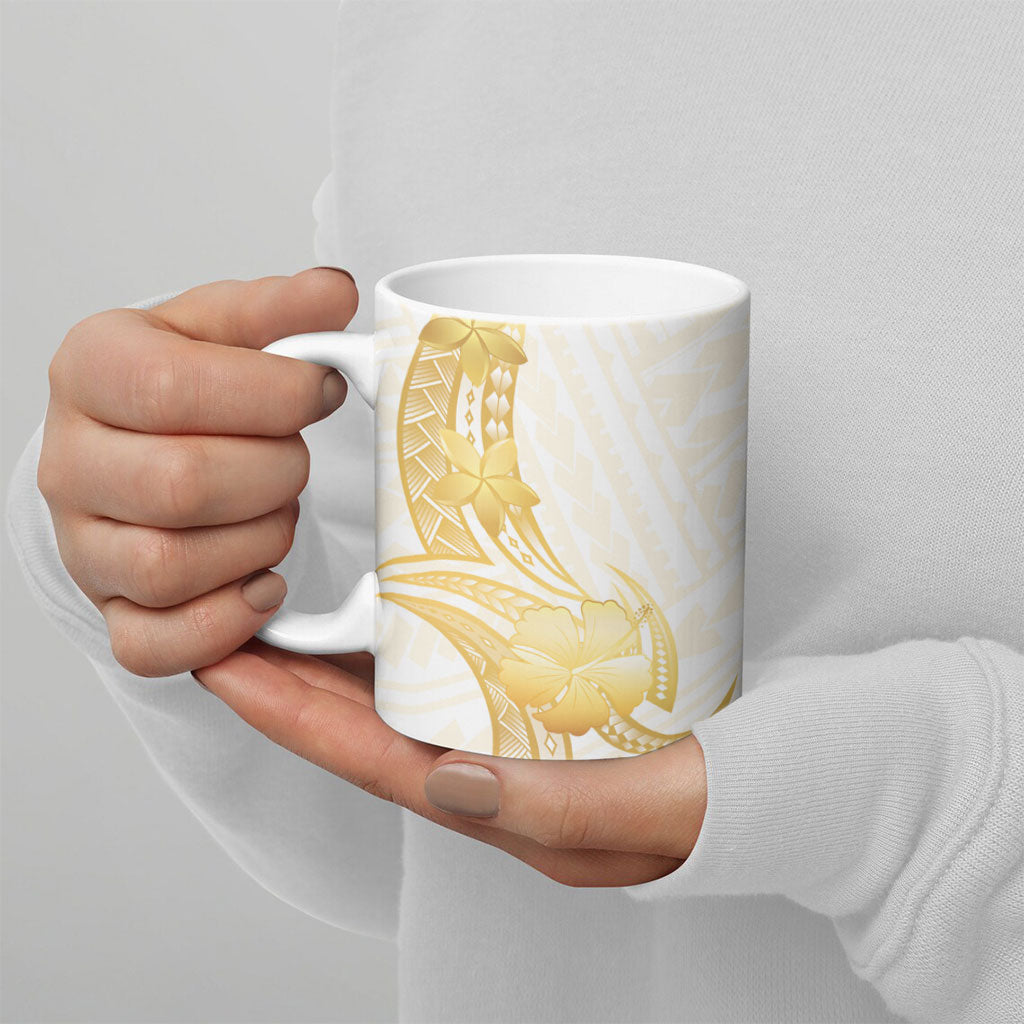 Polynesia White Sunday Ceramic Mug Polynesian Tattoo Plumeria Hibiscus Gold