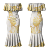 Polynesia White Sunday Couples Matching Mermaid Dress and Long Sleeve Button Shirt Polynesian Tattoo Plumeria Hibiscus Gold