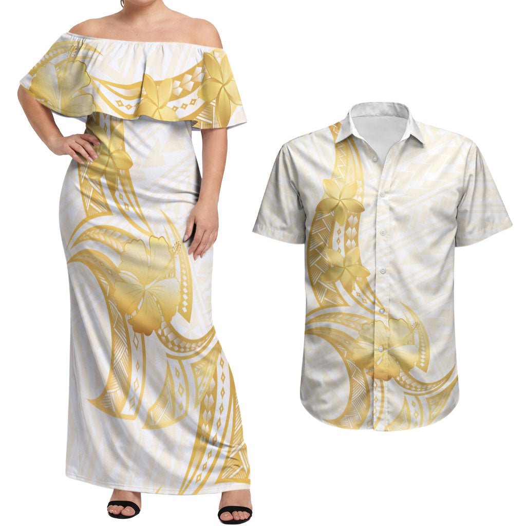 Polynesia White Sunday Couples Matching Off Shoulder Maxi Dress and Hawaiian Shirt Polynesian Tattoo Plumeria Hibiscus Gold
