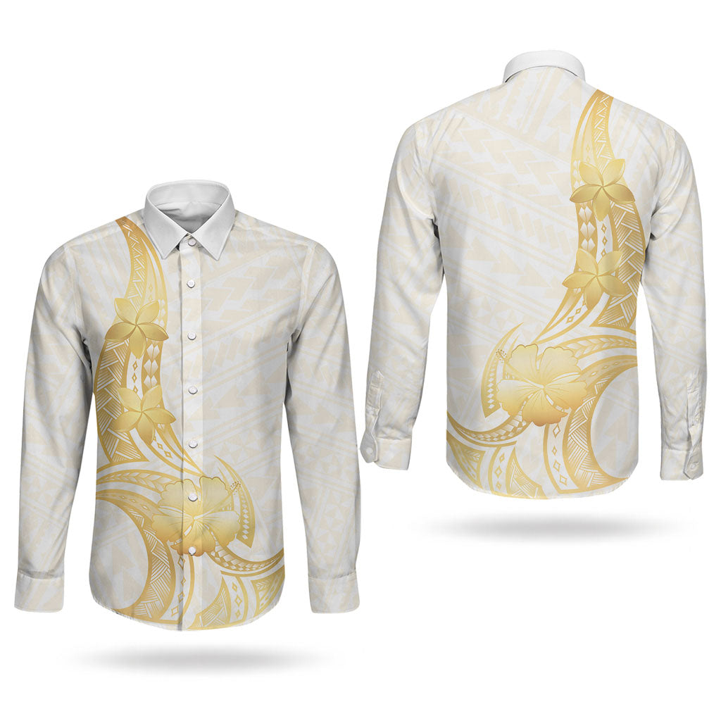 Polynesia White Sunday Couples Matching Off Shoulder Short Dress and Long Sleeve Button Shirt Polynesian Tattoo Plumeria Hibiscus Gold