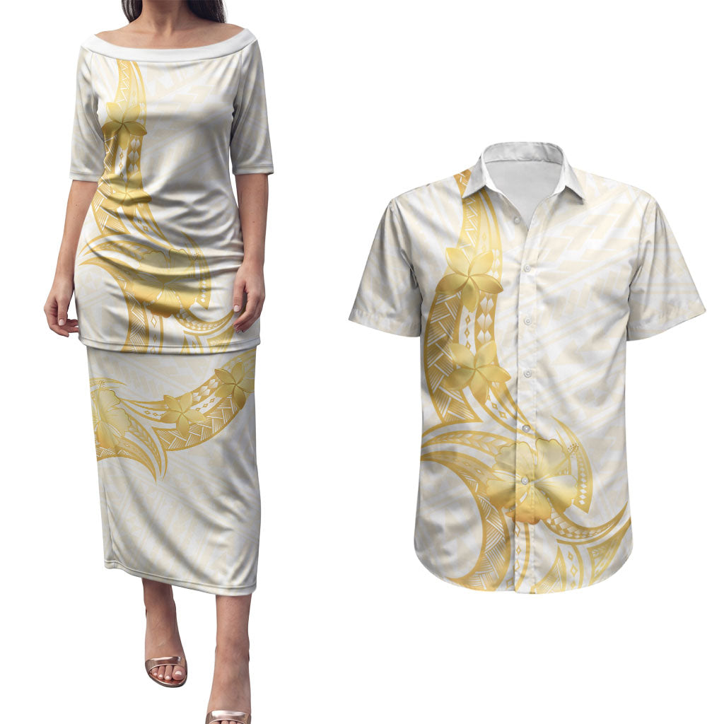 Polynesia White Sunday Couples Matching Puletasi and Hawaiian Shirt Polynesian Tattoo Plumeria Hibiscus Gold