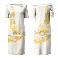 Polynesia White Sunday Couples Matching Puletasi and Long Sleeve Button Shirt Polynesian Tattoo Plumeria Hibiscus Gold