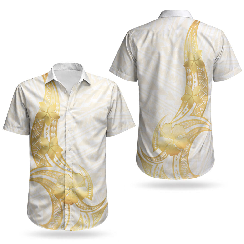 Polynesia White Sunday Couples Matching Short Sleeve Bodycon Dress and Hawaiian Shirt Polynesian Tattoo Plumeria Hibiscus Gold