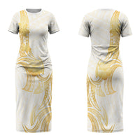 Polynesia White Sunday Couples Matching Short Sleeve Bodycon Dress and Hawaiian Shirt Polynesian Tattoo Plumeria Hibiscus Gold