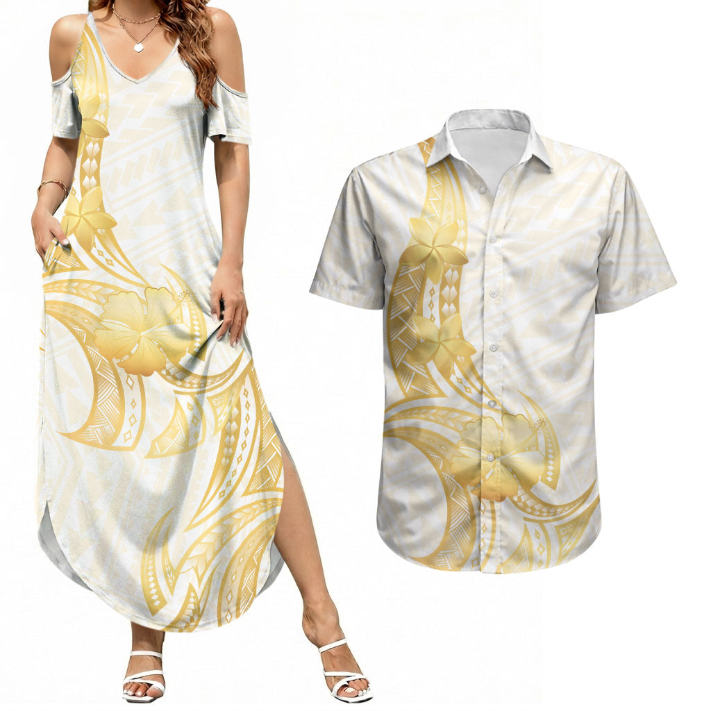 Polynesia White Sunday Couples Matching Summer Maxi Dress and Hawaiian Shirt Polynesian Tattoo Plumeria Hibiscus Gold