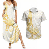 Polynesia White Sunday Couples Matching Summer Maxi Dress and Hawaiian Shirt Polynesian Tattoo Plumeria Hibiscus Gold