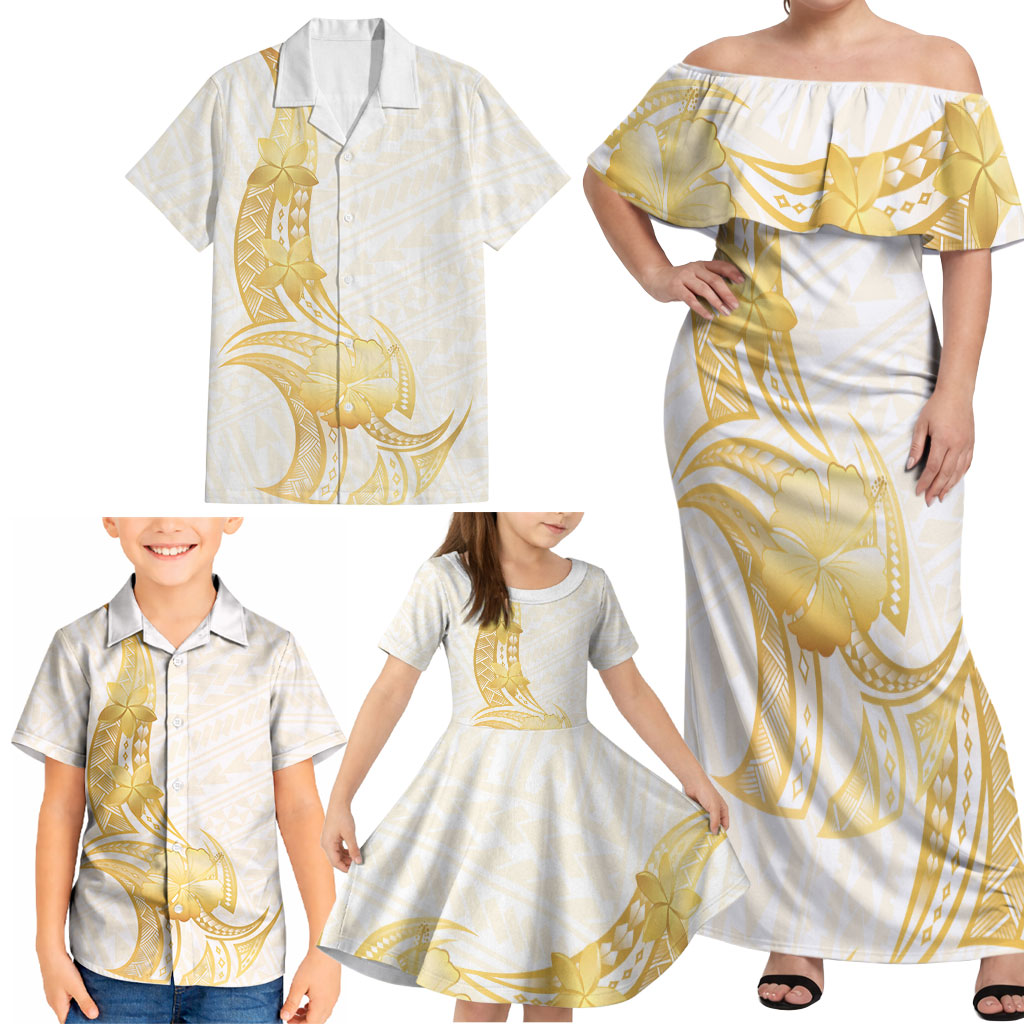 Polynesia White Sunday Family Matching Off Shoulder Maxi Dress and Hawaiian Shirt Polynesian Tattoo Plumeria Hibiscus Gold