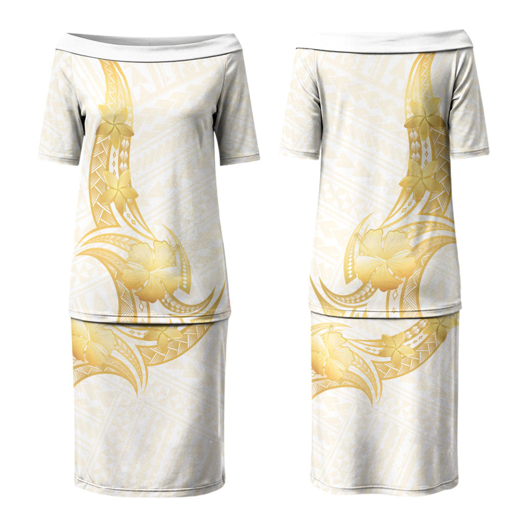 Polynesia White Sunday Family Matching Puletasi and Hawaiian Shirt Polynesian Tattoo Plumeria Hibiscus Gold