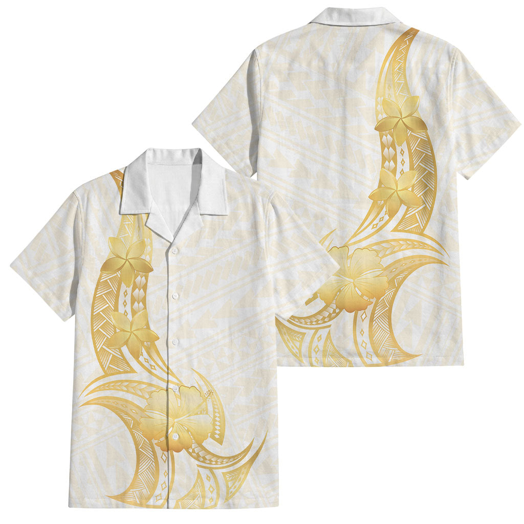 Polynesia White Sunday Family Matching Short Sleeve Bodycon Dress and Hawaiian Shirt Polynesian Tattoo Plumeria Hibiscus Gold