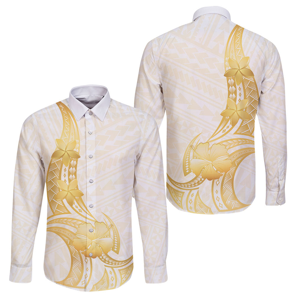 Polynesia White Sunday Family Matching Short Sleeve Bodycon Dress and Hawaiian Shirt Polynesian Tattoo Plumeria Hibiscus Gold