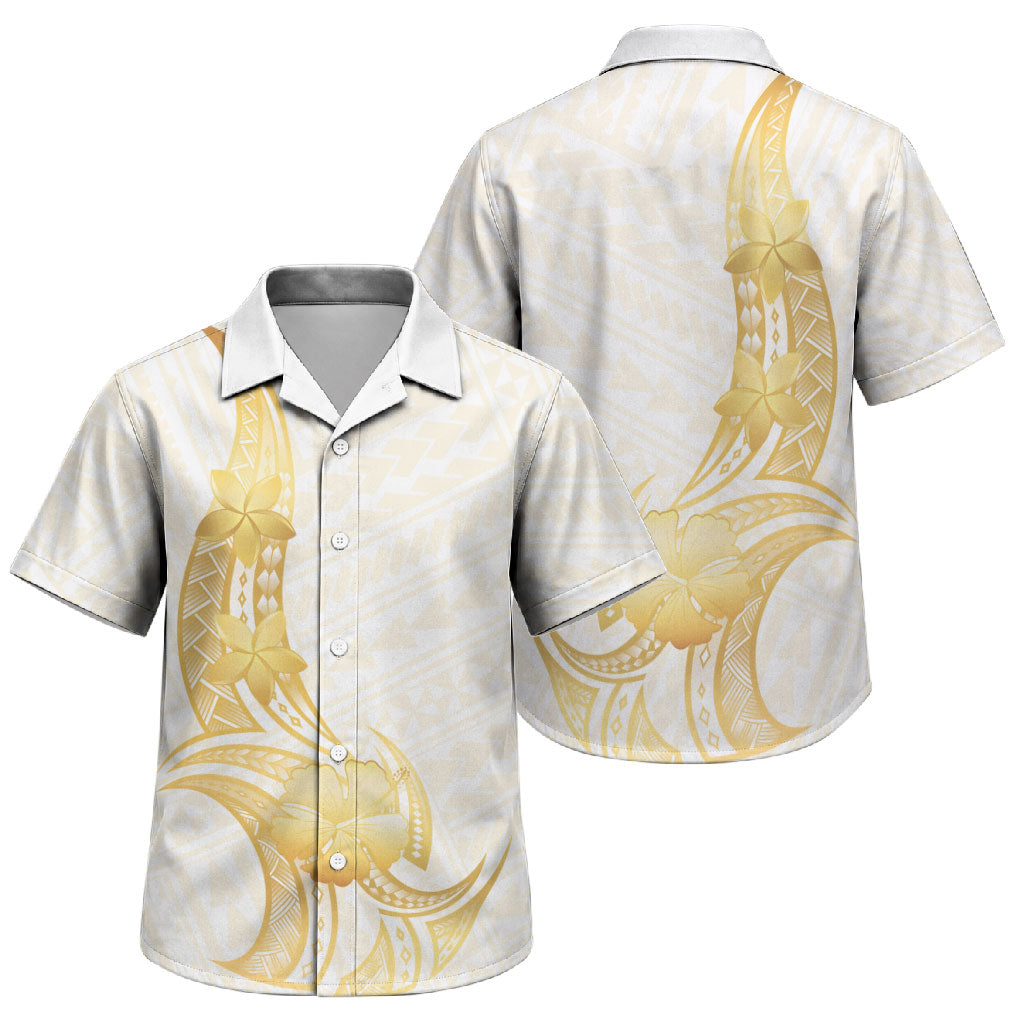 Polynesia White Sunday Family Matching Short Sleeve Bodycon Dress and Hawaiian Shirt Polynesian Tattoo Plumeria Hibiscus Gold