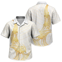 Polynesia White Sunday Family Matching Short Sleeve Bodycon Dress and Hawaiian Shirt Polynesian Tattoo Plumeria Hibiscus Gold