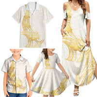 Polynesia White Sunday Family Matching Summer Maxi Dress and Hawaiian Shirt Polynesian Tattoo Plumeria Hibiscus Gold