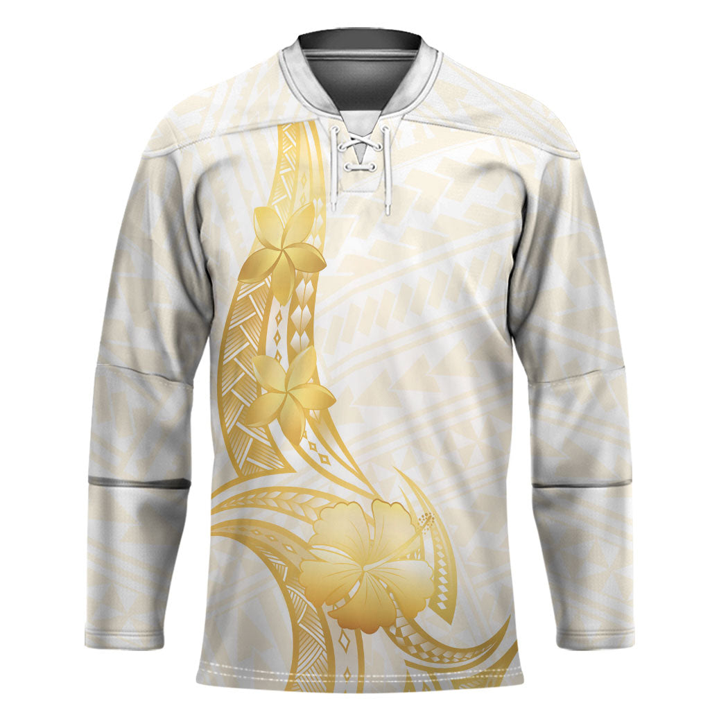 Polynesia White Sunday Hockey Jersey Polynesian Tattoo Plumeria Hibiscus Gold LT14 Unisex White - Polynesian Pride