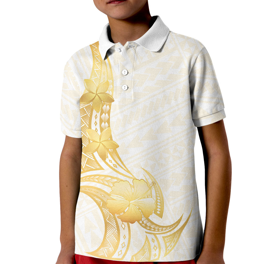 Polynesia White Sunday Kid Polo Shirt Polynesian Tattoo Plumeria Hibiscus Gold