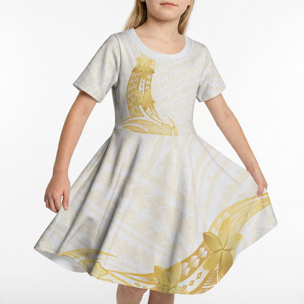 Polynesia White Sunday Kid Short Sleeve Dress Polynesian Tattoo Plumeria Hibiscus Gold