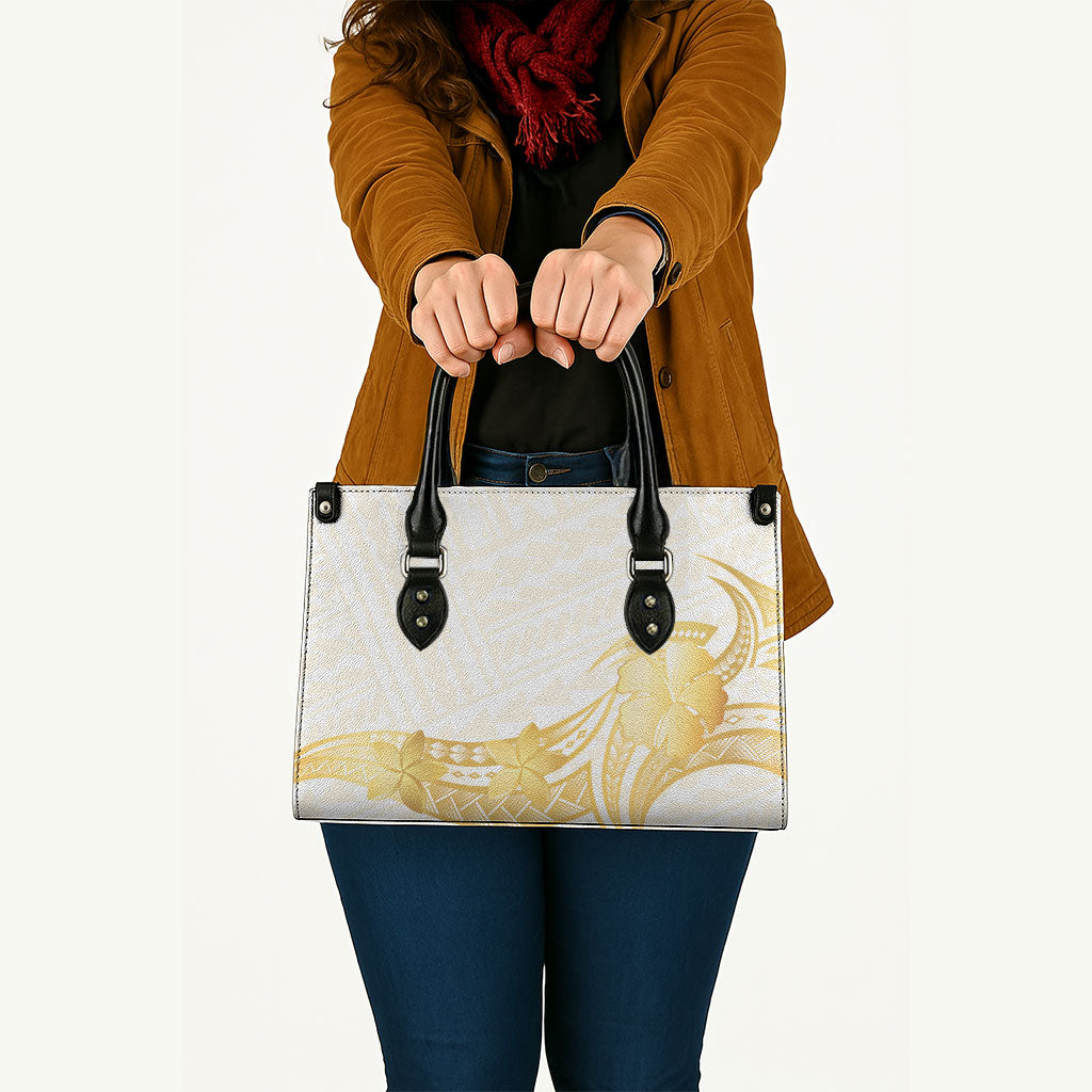 Polynesia White Sunday Leather Bag Polynesian Tattoo Plumeria Hibiscus Gold