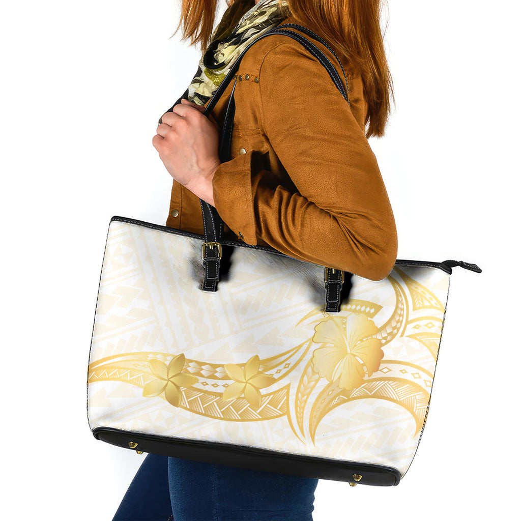Polynesia White Sunday Leather Tote Bag Polynesian Tattoo Plumeria Hibiscus Gold