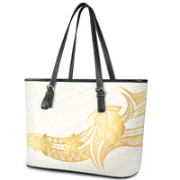 Polynesia White Sunday Leather Tote Bag Polynesian Tattoo Plumeria Hibiscus Gold