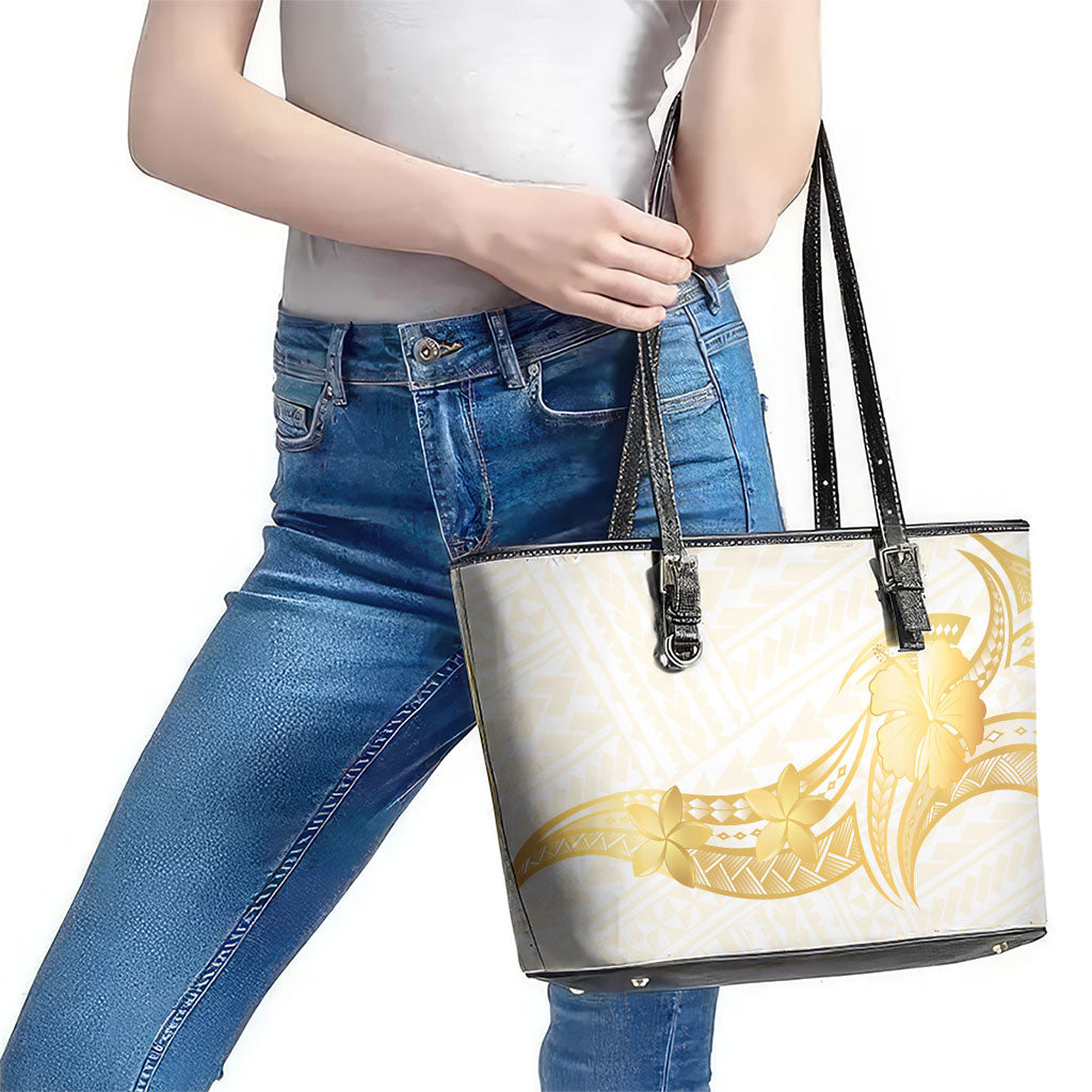 Polynesia White Sunday Leather Tote Bag Polynesian Tattoo Plumeria Hibiscus Gold