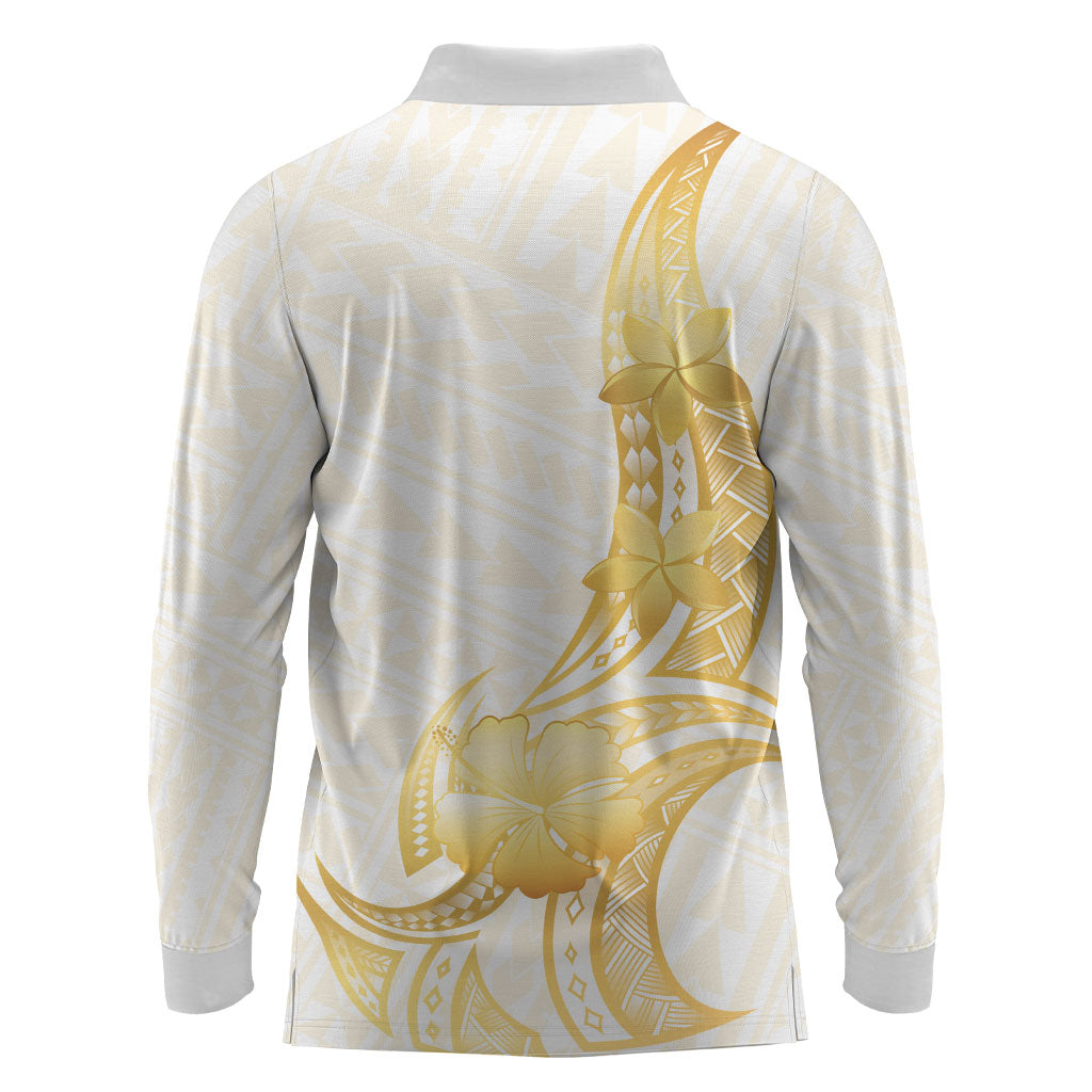 Polynesia White Sunday Long Sleeve Polo Shirt Polynesian Tattoo Plumeria Hibiscus Gold