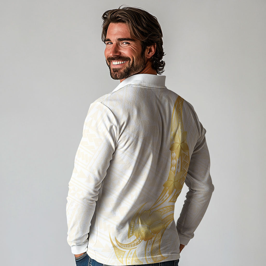 Polynesia White Sunday Long Sleeve Polo Shirt Polynesian Tattoo Plumeria Hibiscus Gold