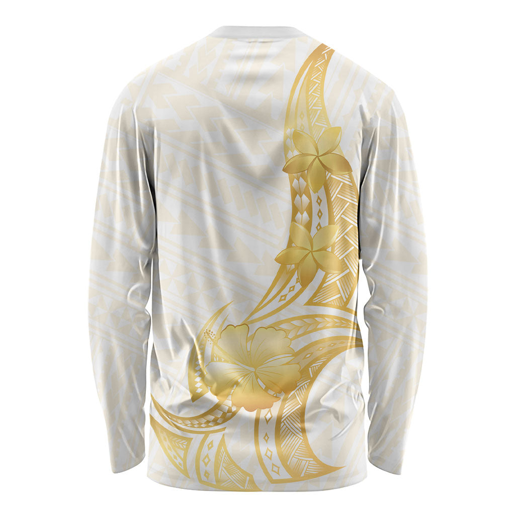 Polynesia White Sunday Long Sleeve Shirt Polynesian Tattoo Plumeria Hibiscus Gold