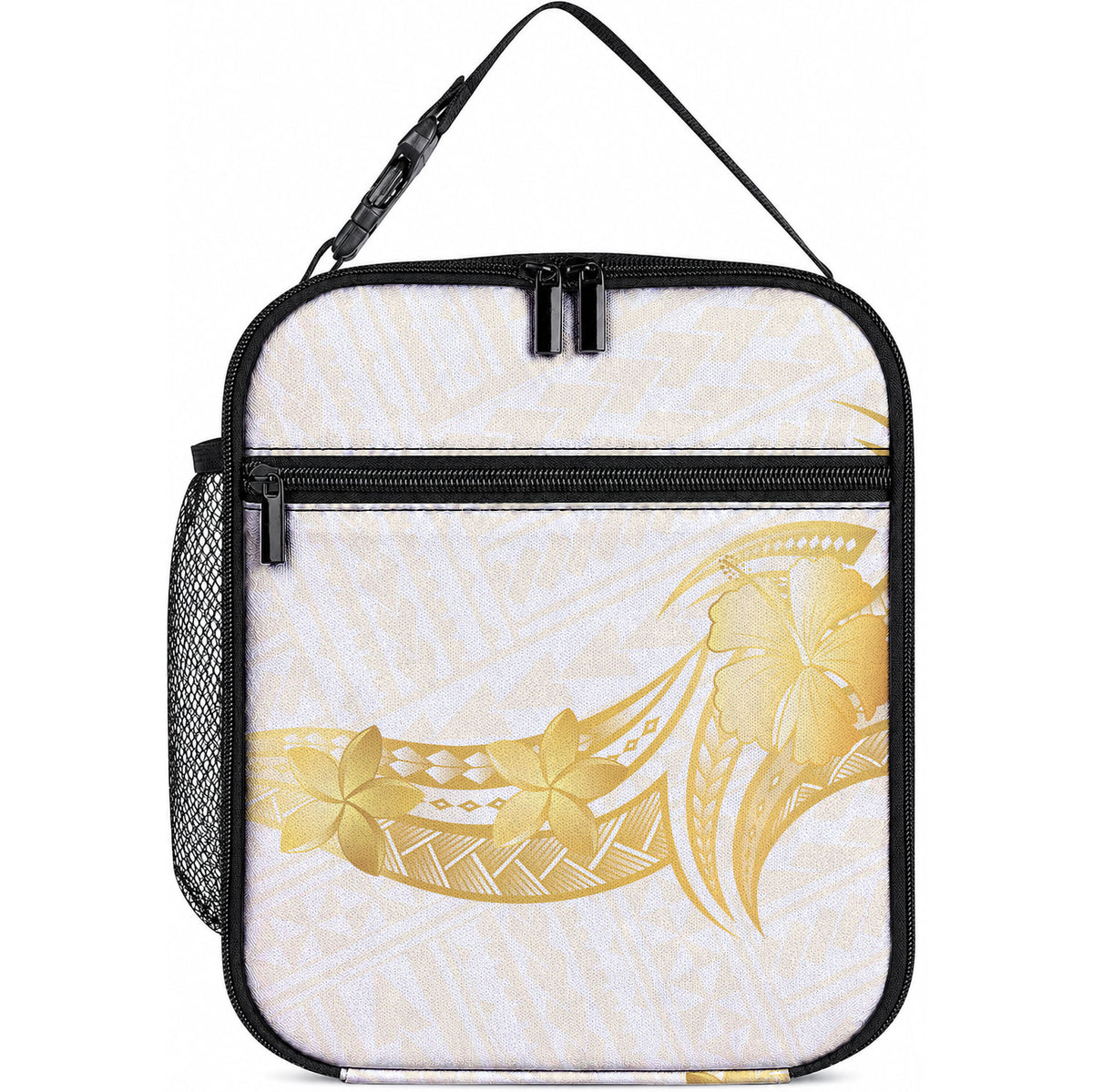 Polynesia White Sunday Lunch Bag Polynesian Tattoo Plumeria Hibiscus Gold