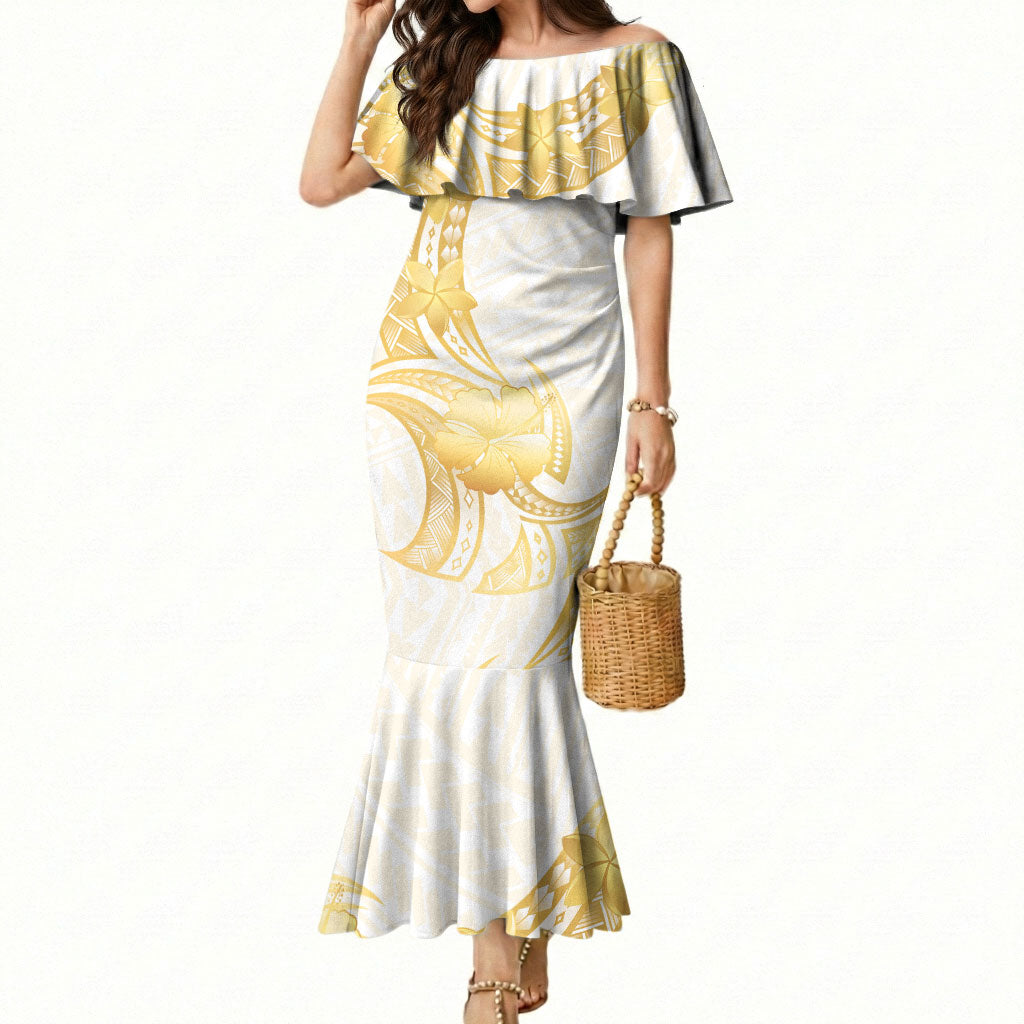 Polynesia White Sunday Mermaid Dress Polynesian Tattoo Plumeria Hibiscus Gold LT14 Women White - Polynesian Pride