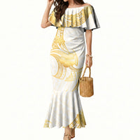 Polynesia White Sunday Mermaid Dress Polynesian Tattoo Plumeria Hibiscus Gold