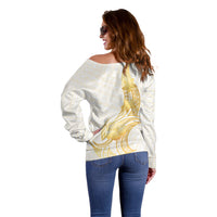 Polynesia White Sunday Off Shoulder Sweater Polynesian Tattoo Plumeria Hibiscus Gold