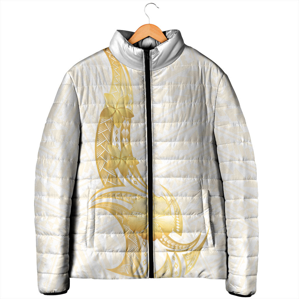Polynesia White Sunday Padded Jacket Polynesian Tattoo Plumeria Hibiscus Gold