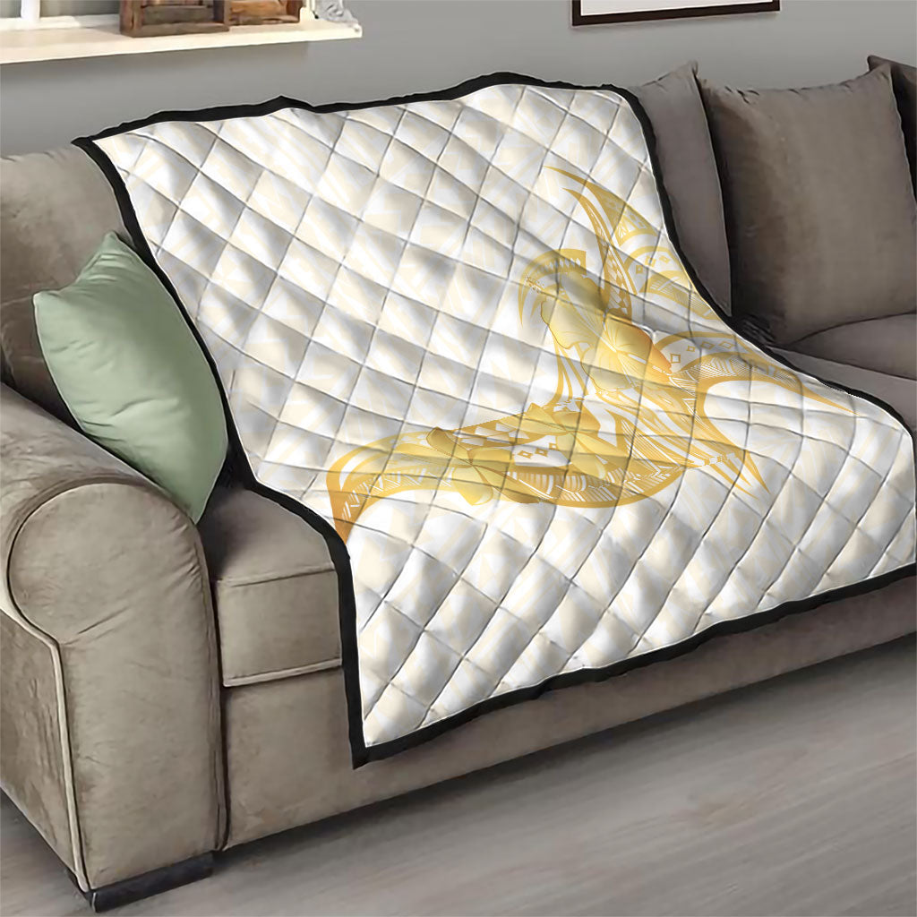 Polynesia White Sunday Quilt Polynesian Tattoo Plumeria Hibiscus Gold