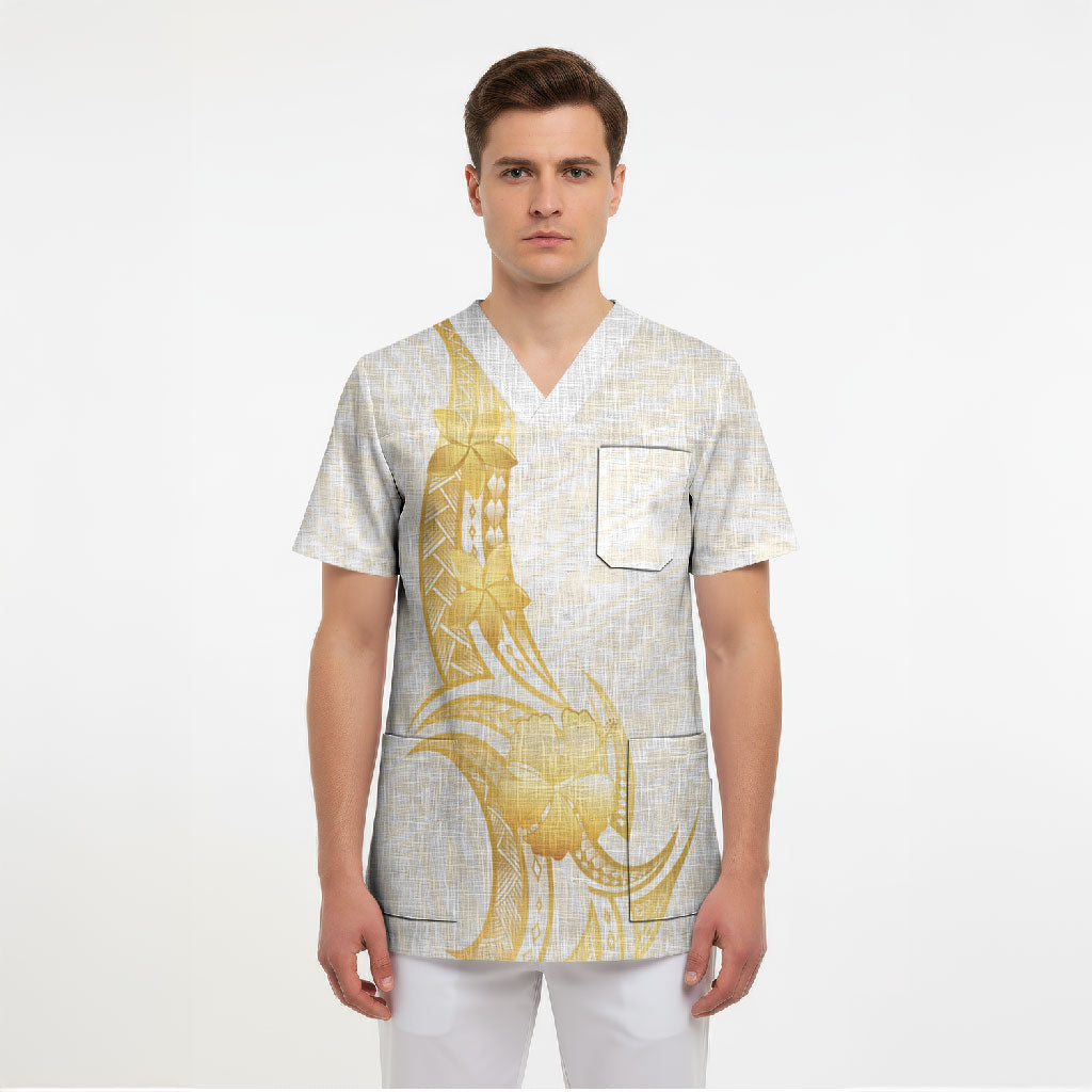 Polynesia White Sunday Scrub Top Polynesian Tattoo Plumeria Hibiscus Gold