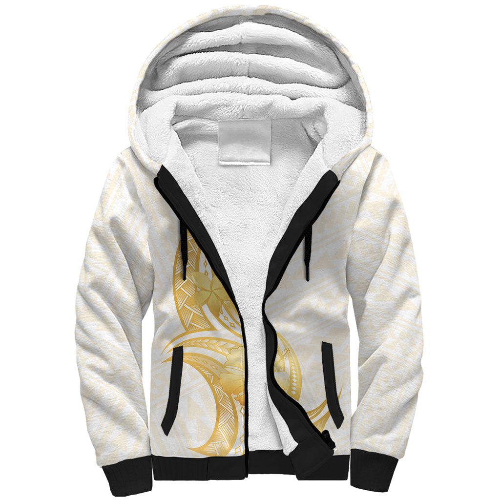 Polynesia White Sunday Sherpa Hoodie Polynesian Tattoo Plumeria Hibiscus Gold