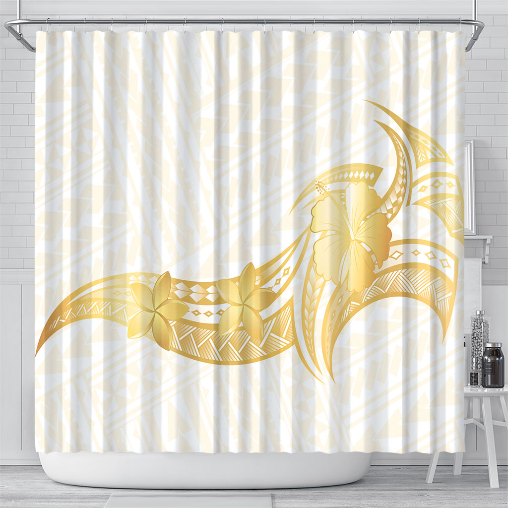 Polynesia White Sunday Shower Curtain Polynesian Tattoo Plumeria Hibiscus Gold