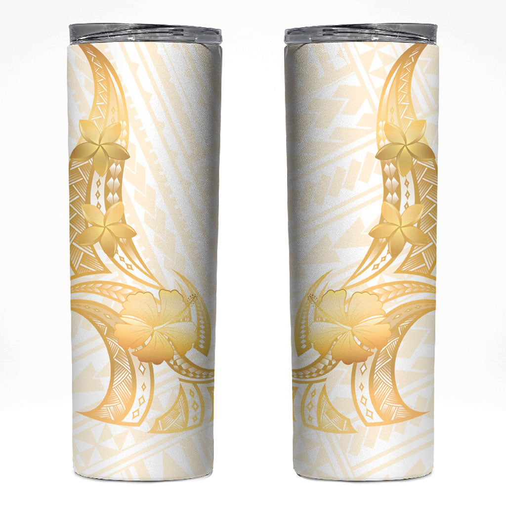 Polynesia White Sunday Skinny Tumbler Polynesian Tattoo Plumeria Hibiscus Gold
