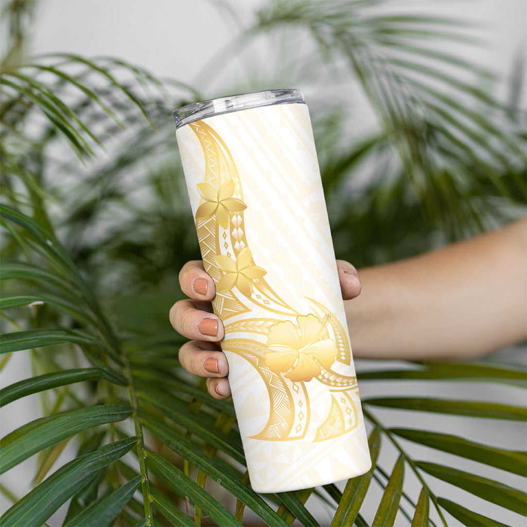 Polynesia White Sunday Skinny Tumbler Polynesian Tattoo Plumeria Hibiscus Gold