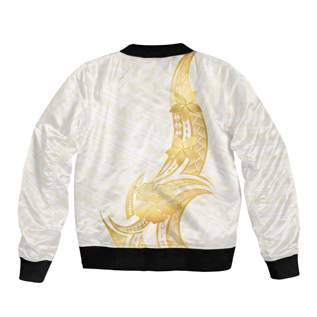 Polynesia White Sunday Sleeve Zip Bomber Jacket Polynesian Tattoo Plumeria Hibiscus Gold