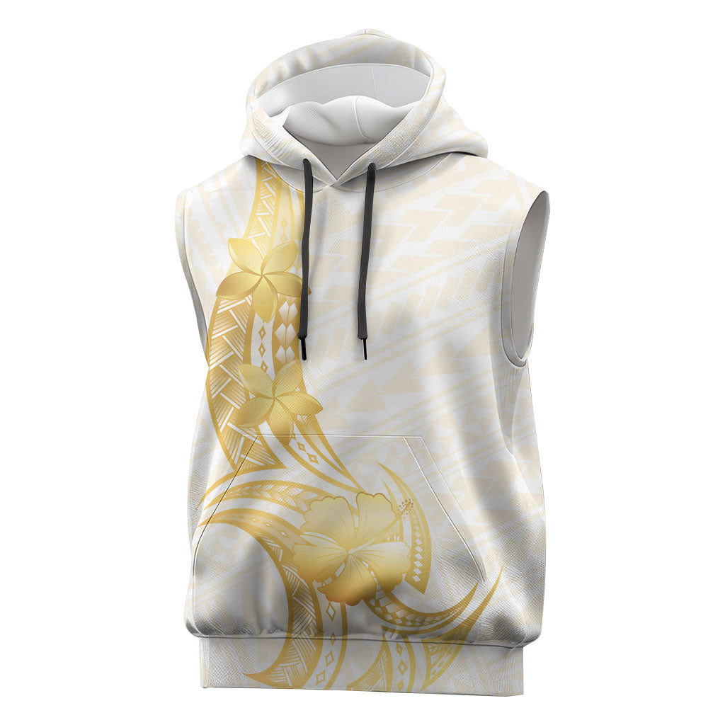 Polynesia White Sunday Sleeveless Hoodie Polynesian Tattoo Plumeria Hibiscus Gold LT14 White - Polynesian Pride