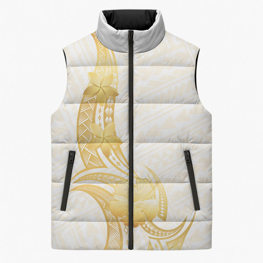 Polynesia White Sunday Sleeveless Puffer Jacket Polynesian Tattoo Plumeria Hibiscus Gold LT14 Unisex White - Polynesian Pride