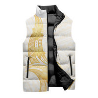 Polynesia White Sunday Sleeveless Puffer Jacket Polynesian Tattoo Plumeria Hibiscus Gold