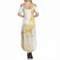 Polynesia White Sunday Summer Maxi Dress Polynesian Tattoo Plumeria Hibiscus Gold