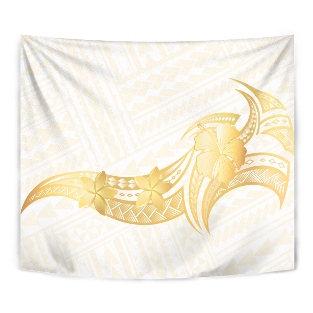 Polynesia White Sunday Tapestry Polynesian Tattoo Plumeria Hibiscus Gold
