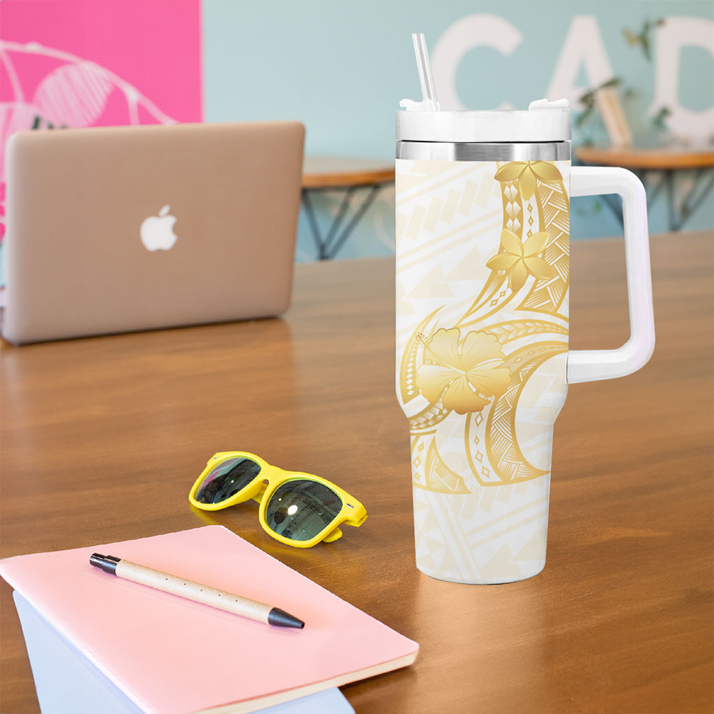 Polynesia White Sunday Tumbler With Handle Polynesian Tattoo Plumeria Hibiscus Gold