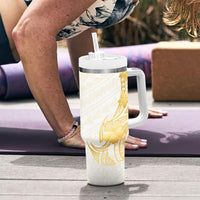 Polynesia White Sunday Tumbler With Handle Polynesian Tattoo Plumeria Hibiscus Gold